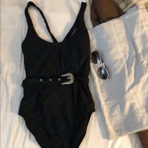 Sexy black western one-piece swimsuit with silver belt buckle for women
